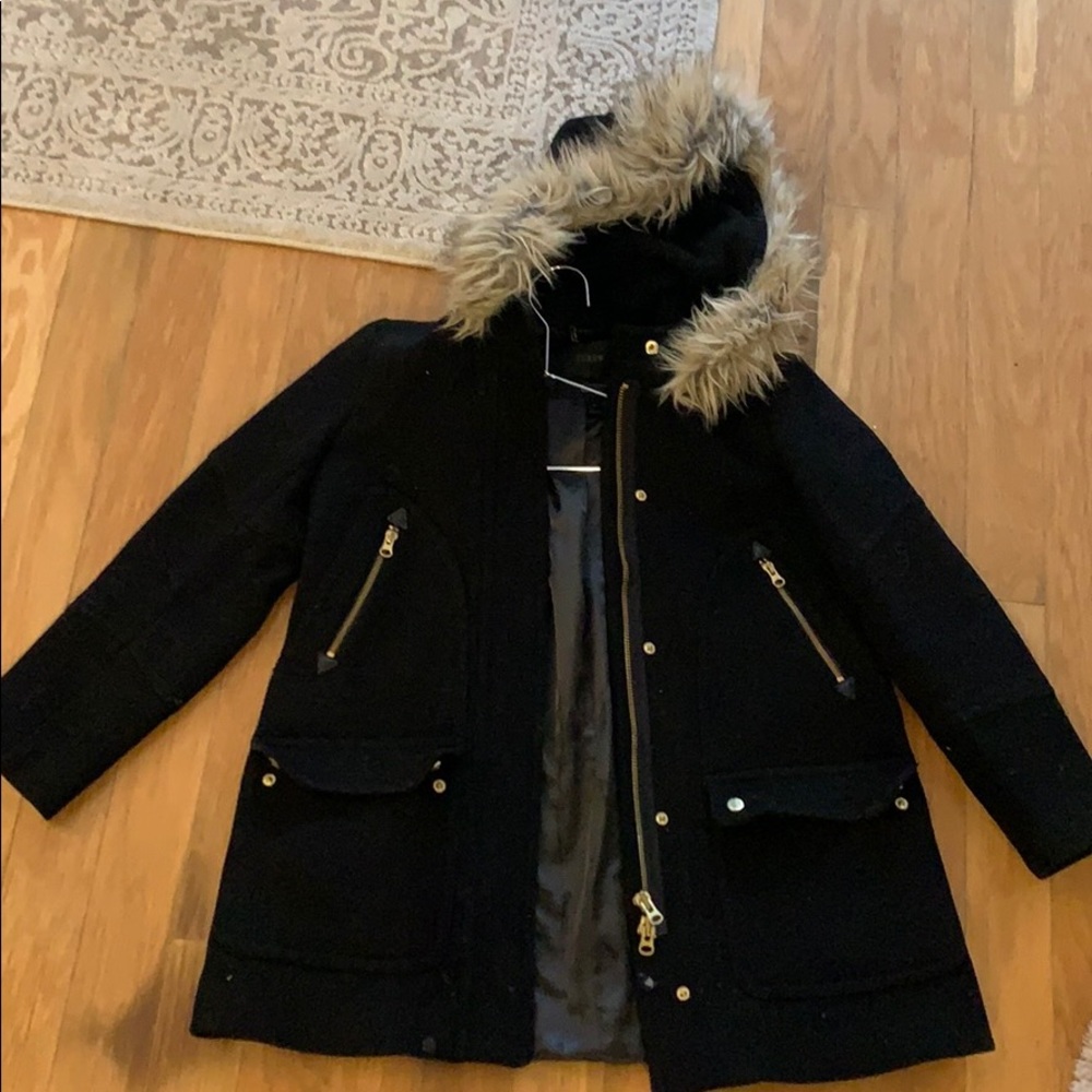 Black J Crew Winter Coat with faux fur hood